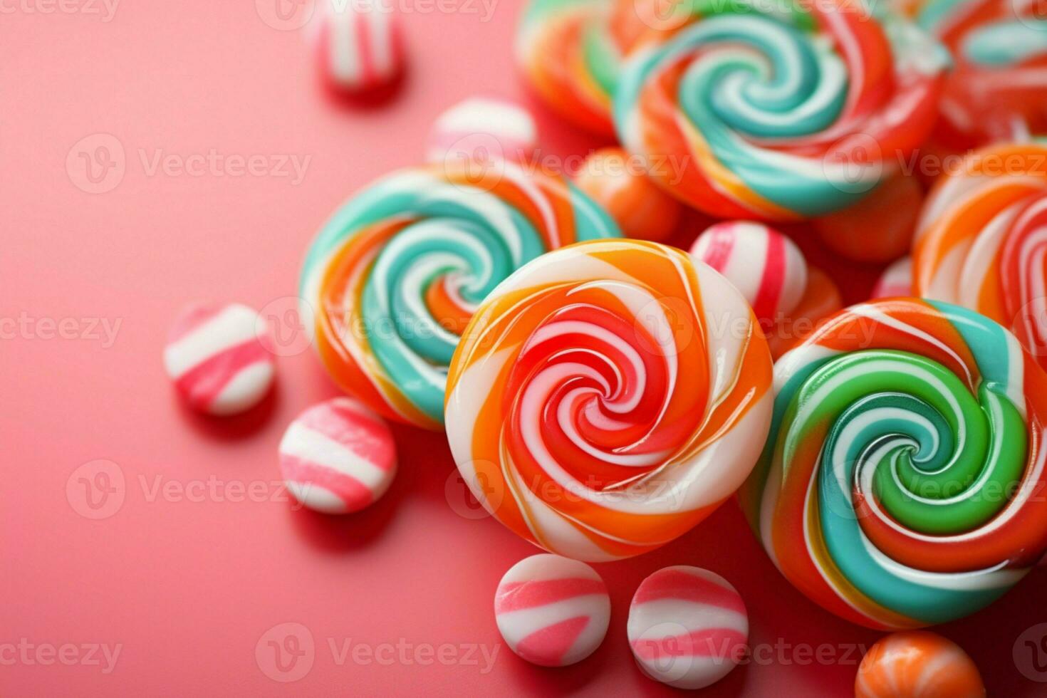 AI generated Tabletop sweetness close up of a lollipop candys vibrant colors photo