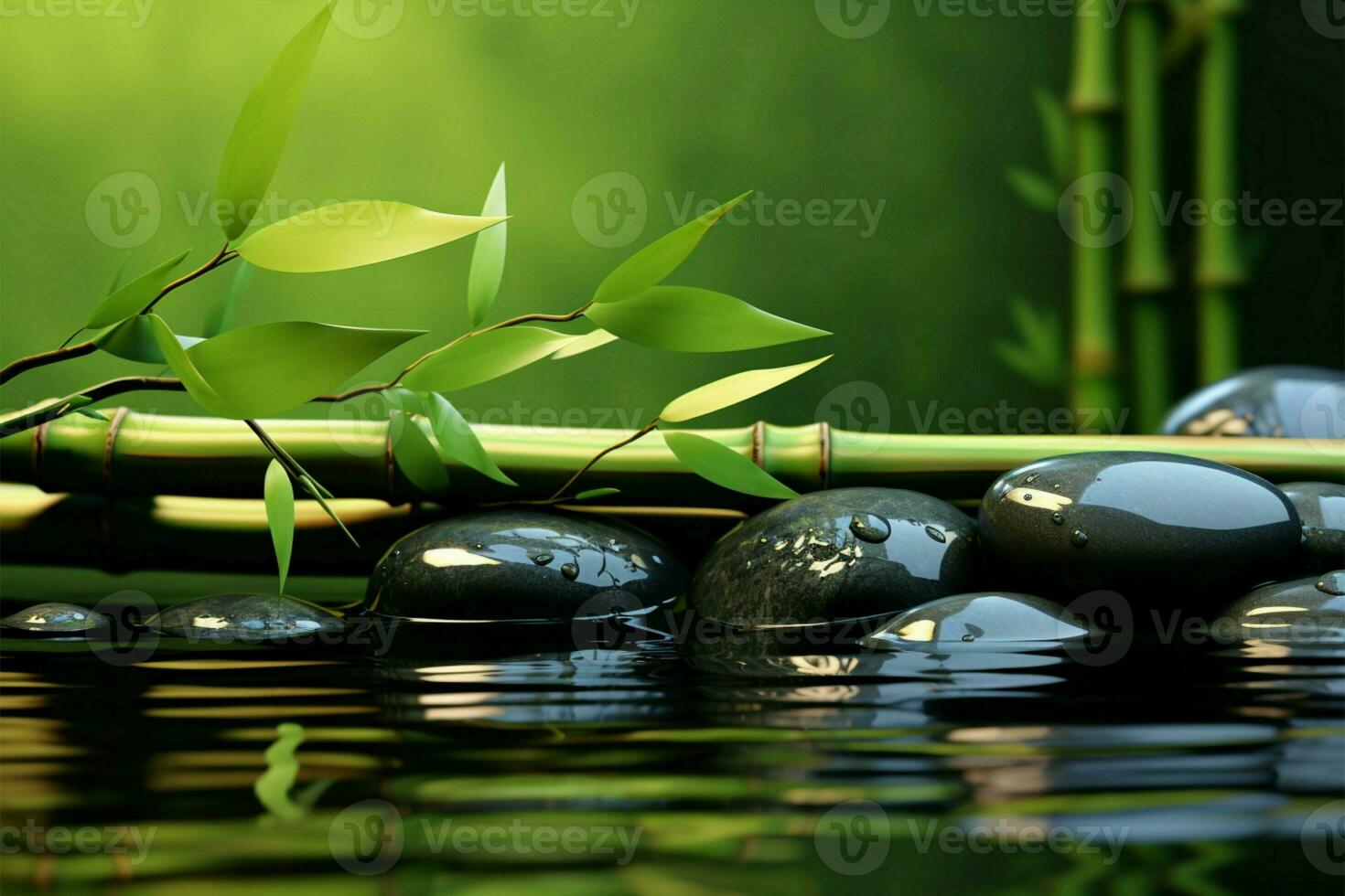 AI generated Tranquil flow bamboo and black stones create serene spa imagery photo