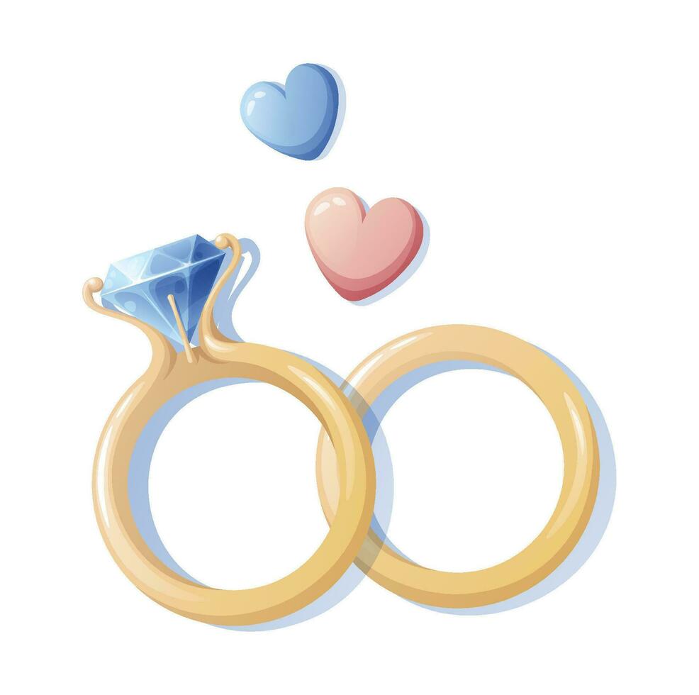 Wedding rings with diamond and hearts on an isolated background. Wedding illustration for logo, icon, invitation design vector