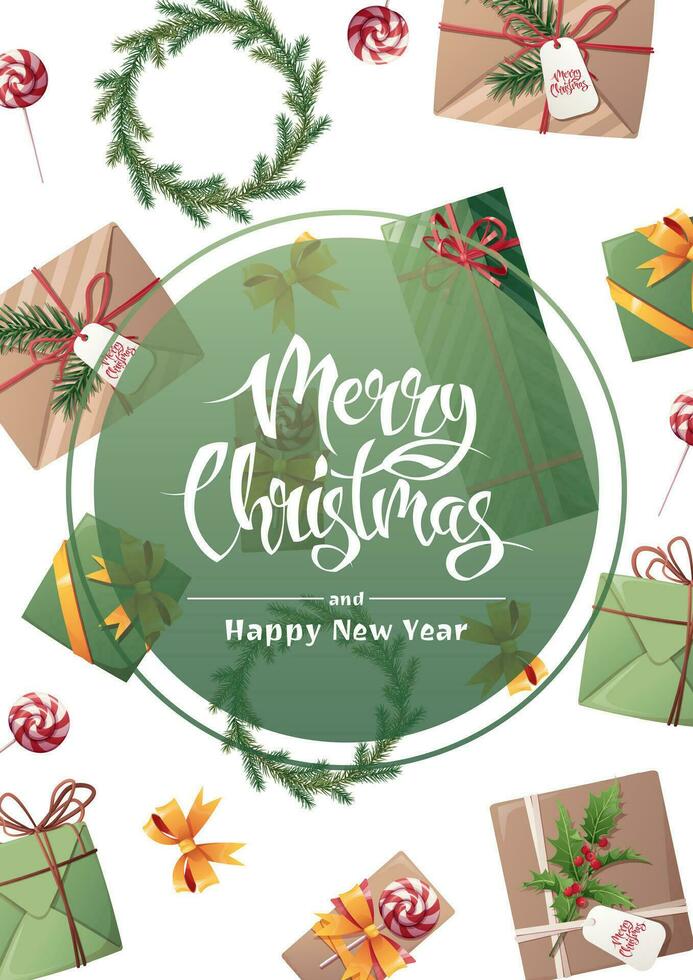 Christmas card template design. Flyer, poster with gift boxes, wreath in retro style. Merry Christmas and Happy New Year vector
