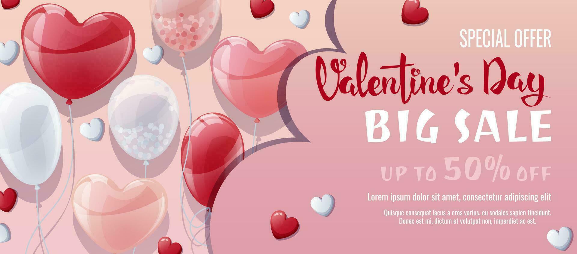 San Valentín día rebaja bandera. fondo, póster, volantes con un manojo de globos con un corazón. descuento vale modelo para amor día, boda. vector