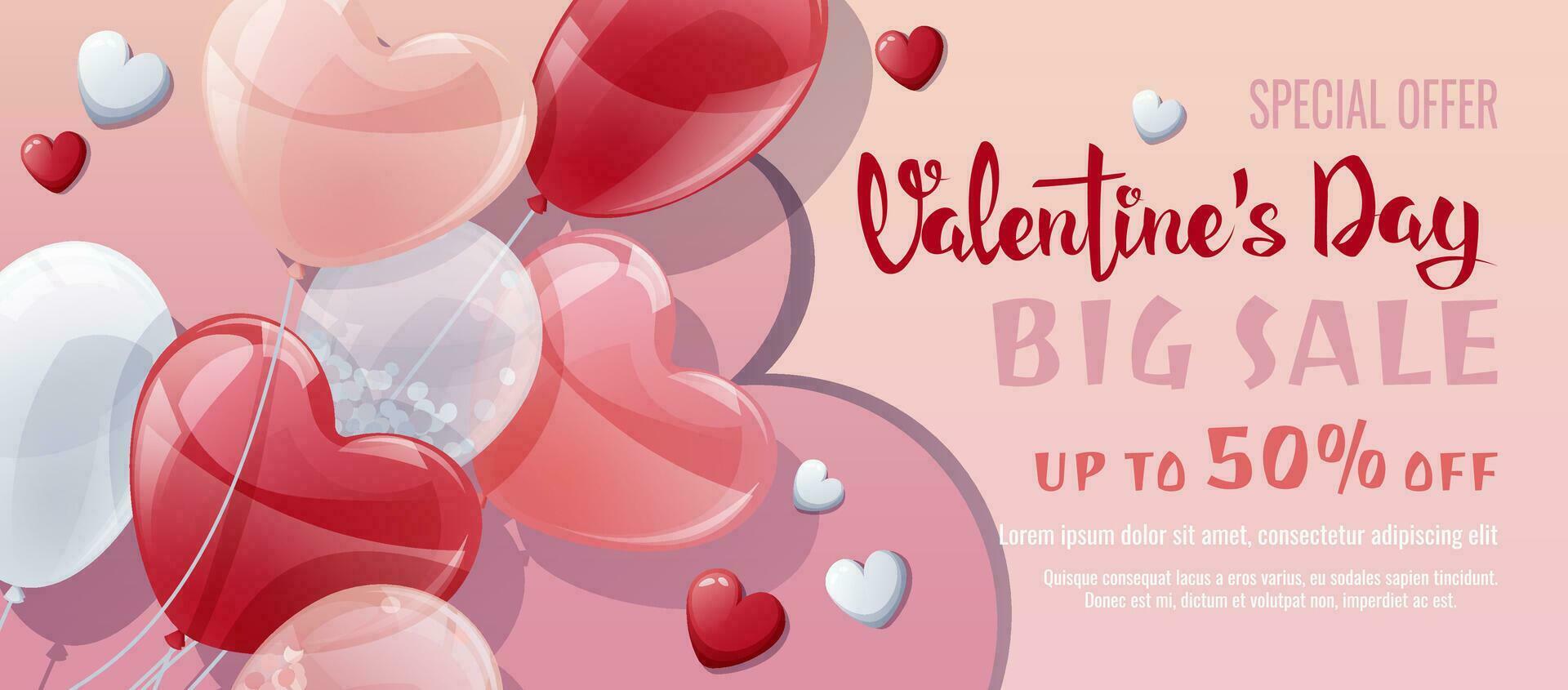 Valentine's day sale banner. Background, poster, flyer with a bunch of balloons with a heart. Discount voucher template for love day, wedding. vector