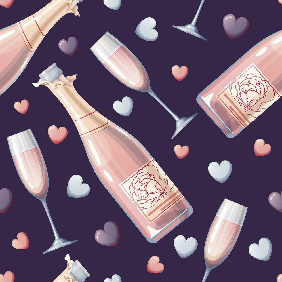 Seamless pattern with champagne bottle, glass and hearts. Great for wrapping paper, fabric, wallpaper, textiles. Background for Valentine's Day. vector