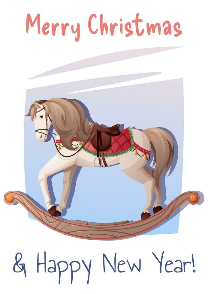 Navidad tarjeta modelo. fiesta saludo tarjeta con balanceo caballo. Clásico juguete. diseño para volantes, póster, bandera, fiesta invitación. alegre Navidad y contento nuevo año vector