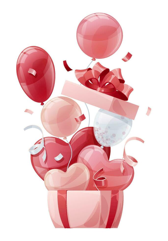 globos volador fuera de un regalo caja en un blanco antecedentes. adecuado para diseño pancartas, saludo tarjetas, carteles, volantes para enamorado s día, madre s día, etc. vector