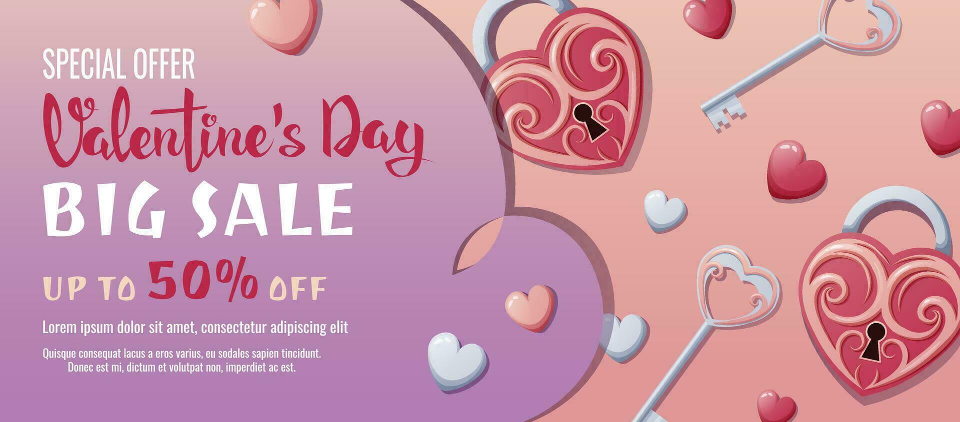 Valentine s day sale banner. Background, poster, flyer with a lock and key to your beloved s heart. Discount voucher template for love day. vector