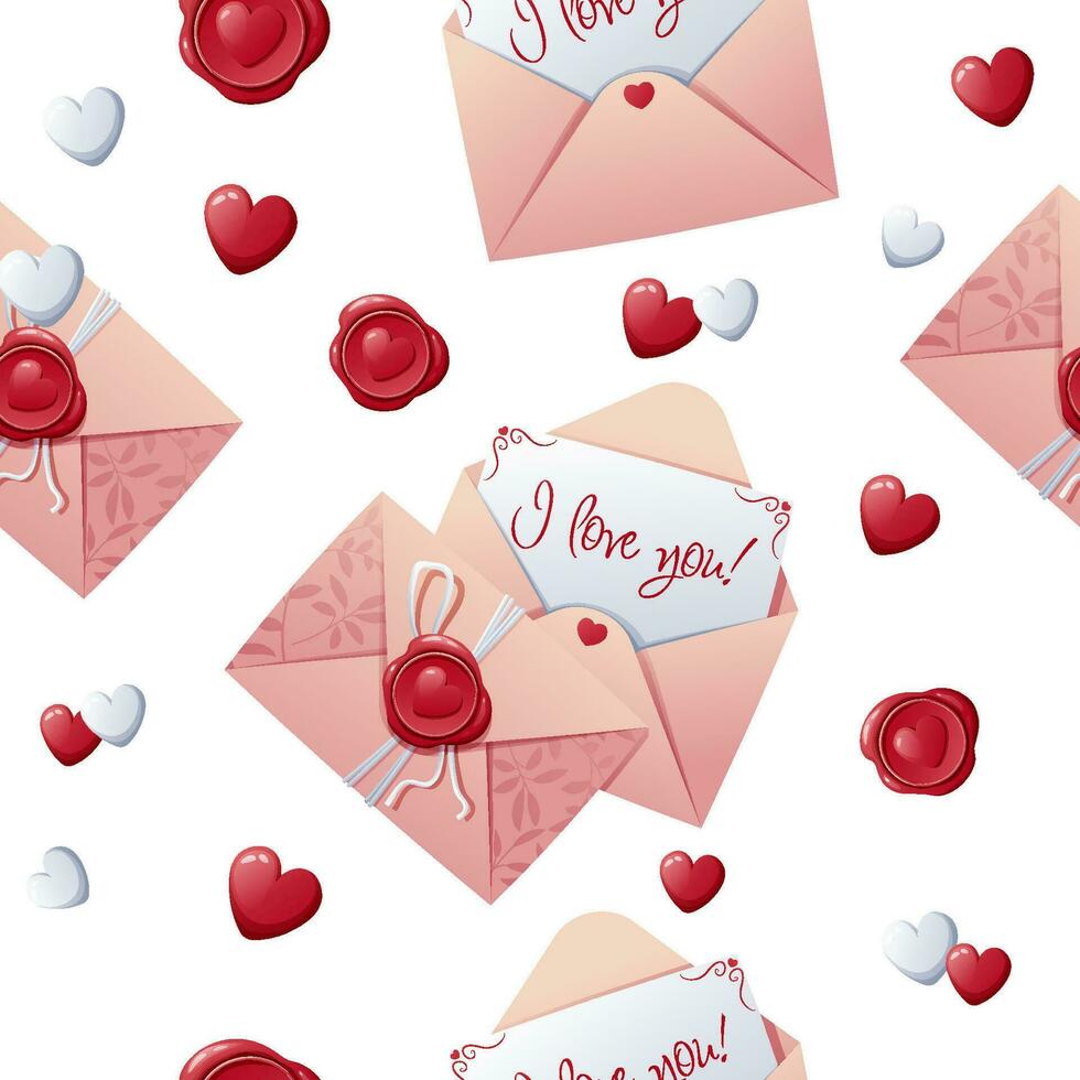 Seamless pattern with a love letter in an envelope with a wax seal and hearts. Great for wrapping paper, fabric, wallpaper, textiles. Background for Valentine s Day. vector