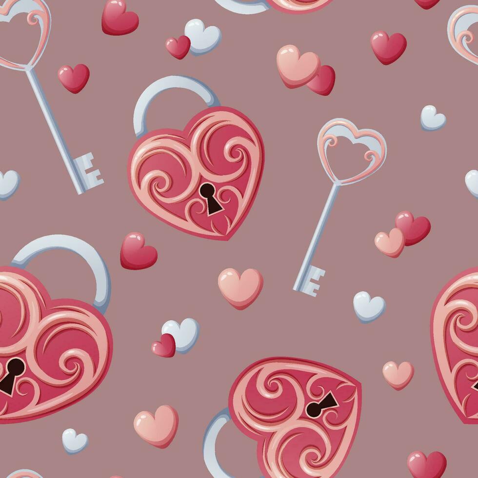 Seamless pattern with heart-shaped lock, key and hearts. Great for wrapping paper, fabric, wallpaper, textiles. Background for Valentine s Day. vector
