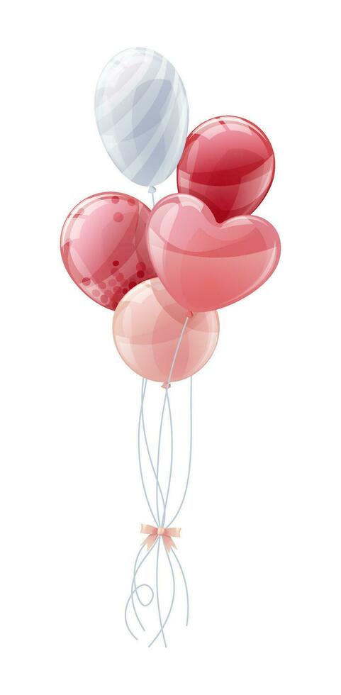 manojo de rojo y rosado globos para enamorado s en aislado antecedentes. en forma de corazon globos para boda, día festivo. vector