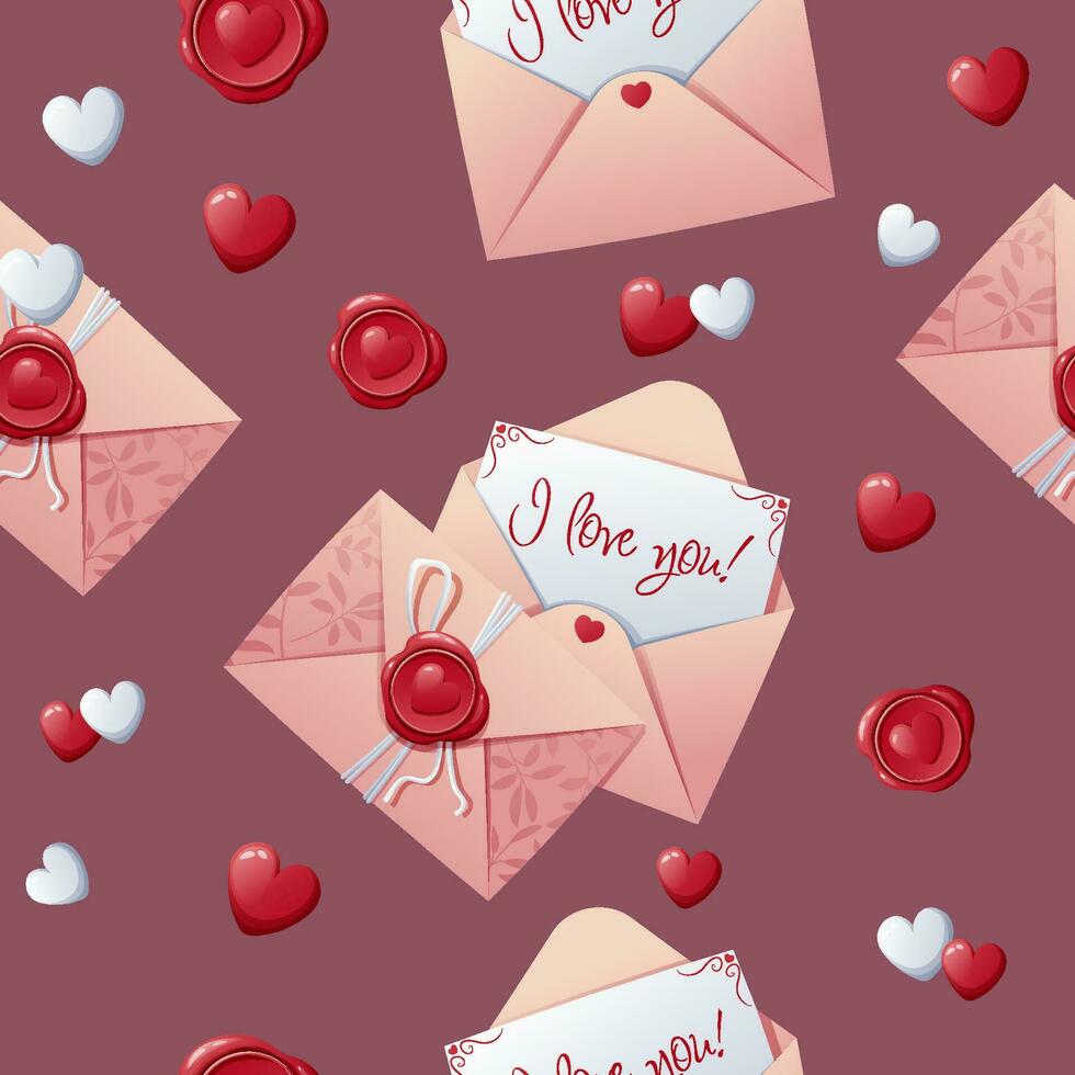 Seamless pattern with a love letter in an envelope with a wax seal and hearts. Great for wrapping paper, fabric, wallpaper, textiles. Background for Valentine s Day. vector
