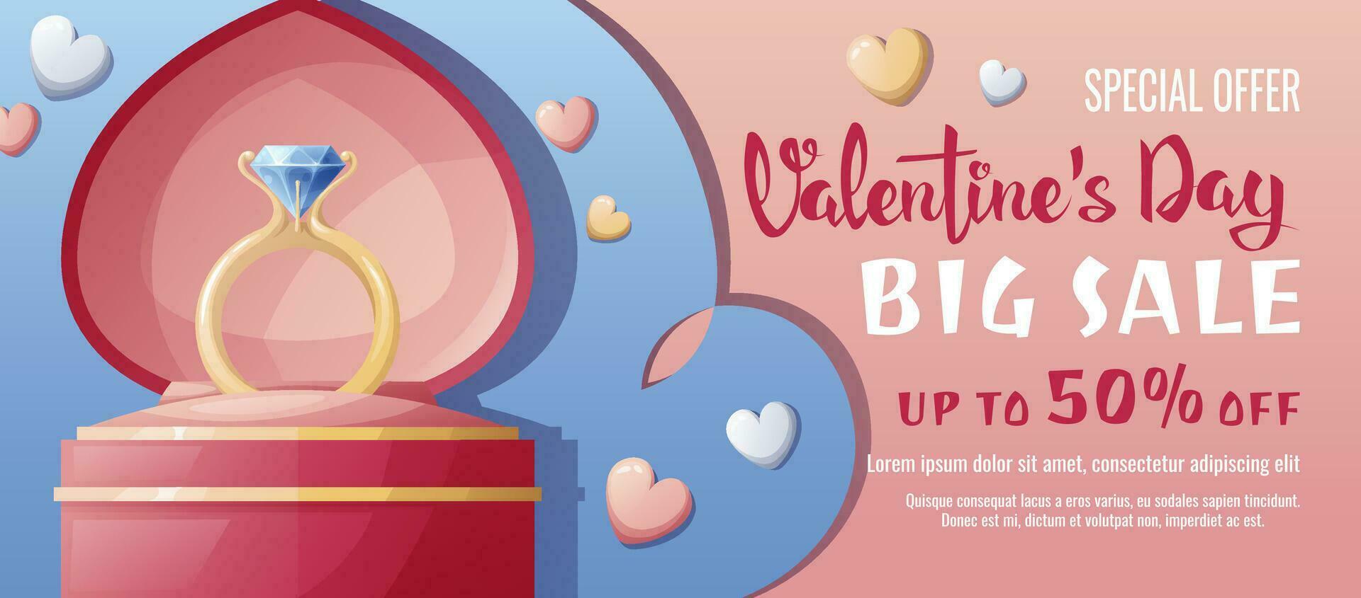 Valentine s day sale banner. Background, poster, flyer with an engagement ring in a box with hearts. Discount voucher template for love day, wedding. vector