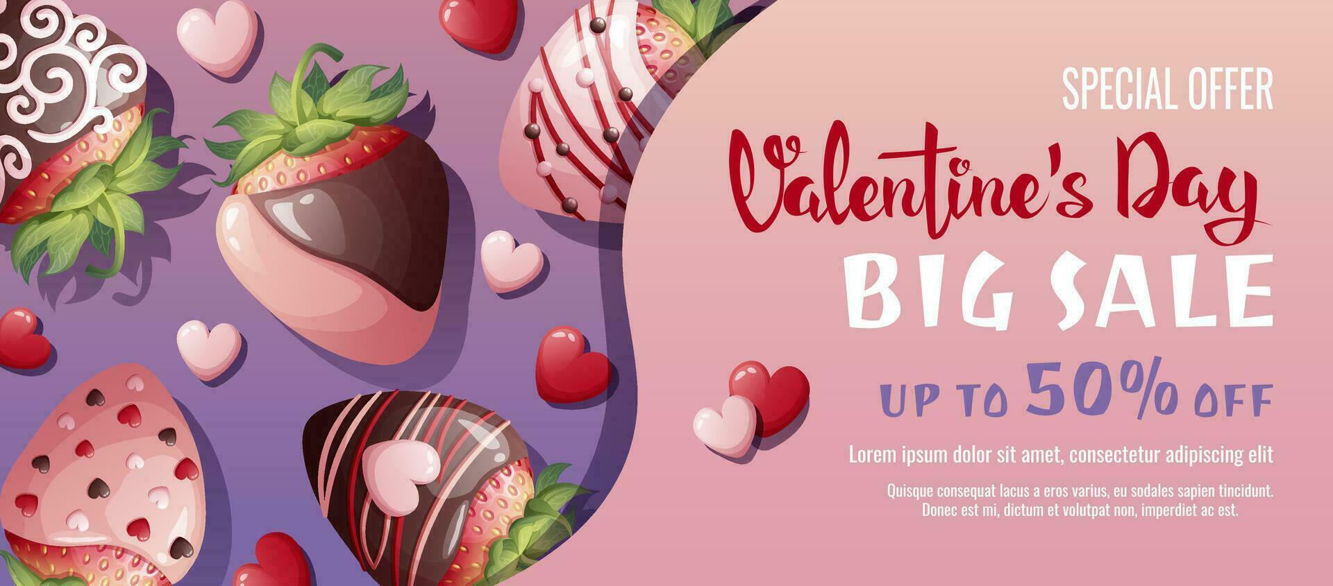 San Valentín día rebaja bandera. fondo, póster con maduro fresas en chocolate. descuento vale modelo para amor día vector