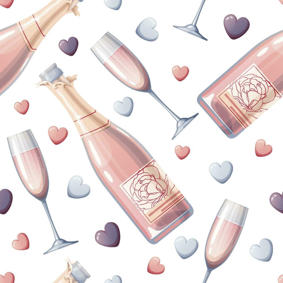 Seamless pattern with champagne bottle, glass and hearts. Great for wrapping paper, fabric, wallpaper, textiles. Background for Valentine's Day. vector