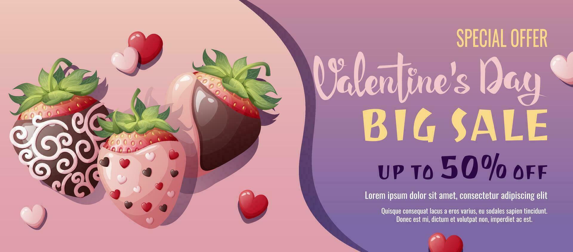 Valentine's day sale banner. Background, poster with ripe strawberries in chocolate. Discount voucher template for love day vector