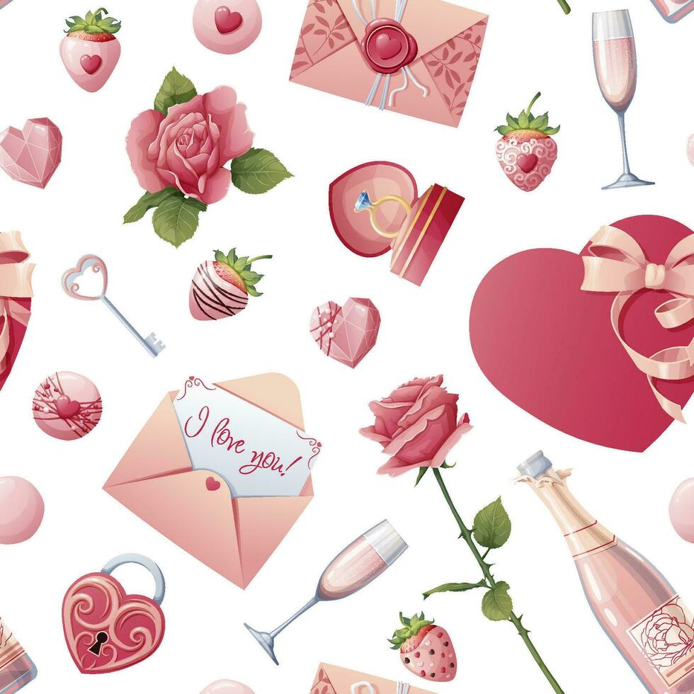 Seamless pattern with roses, champagne, strawberries, candies with hearts. Great for wrapping paper, fabric, wallpaper, textiles. Background for Valentine's Day. vector