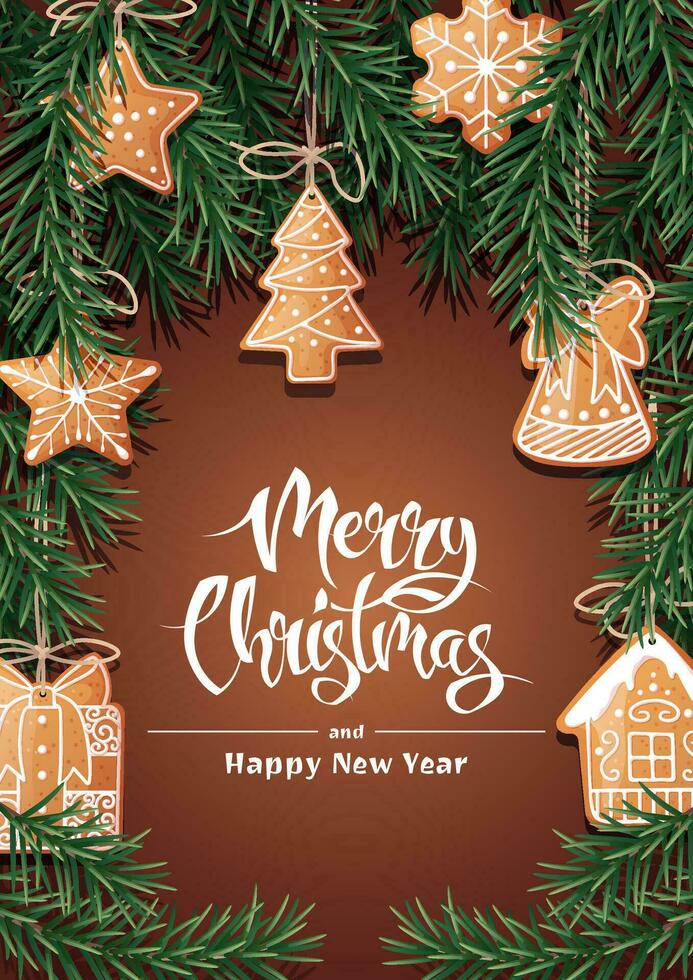 Merry Christmas Holiday card, flyer and invitation. Festive background with fir branches, decorated with gingerbread. Merry Christmas and New Year vector