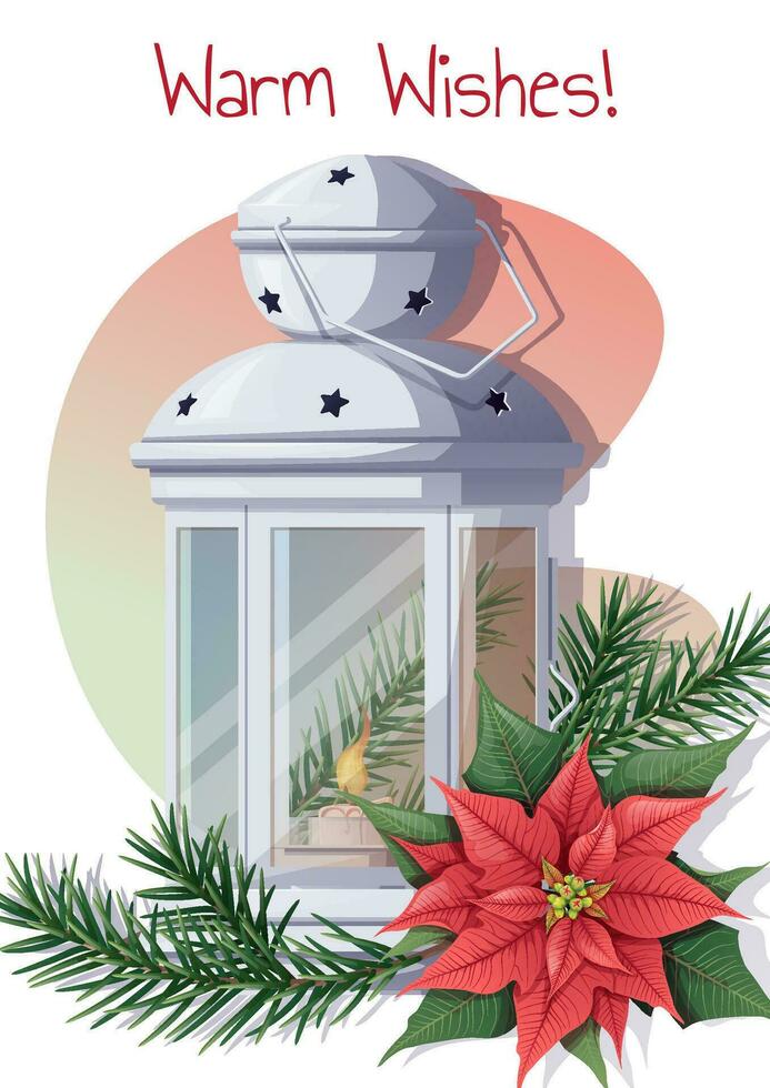 Christmas card template. Holiday greeting card with lantern, fir branch and red poinsettia. Design for flyer, poster, banner, holiday invitation vector