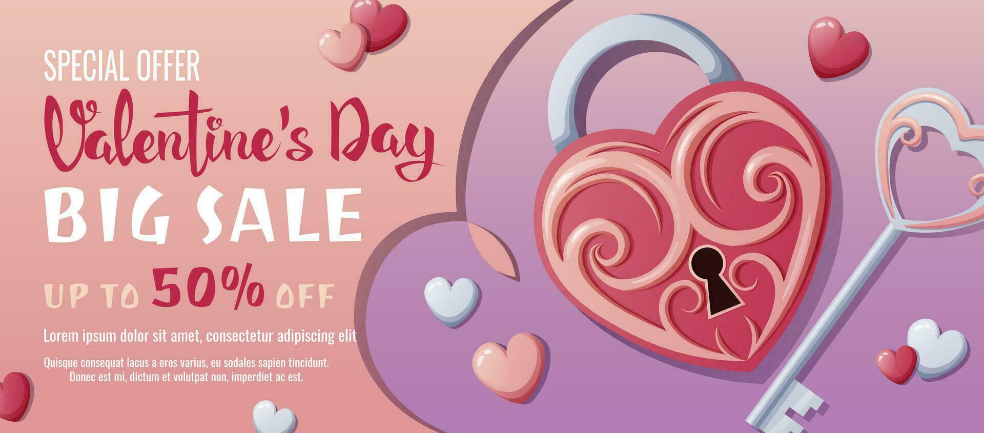 Valentine s day sale banner. Background, poster, flyer with a lock and key to your beloved s heart. Discount voucher template for love day. vector