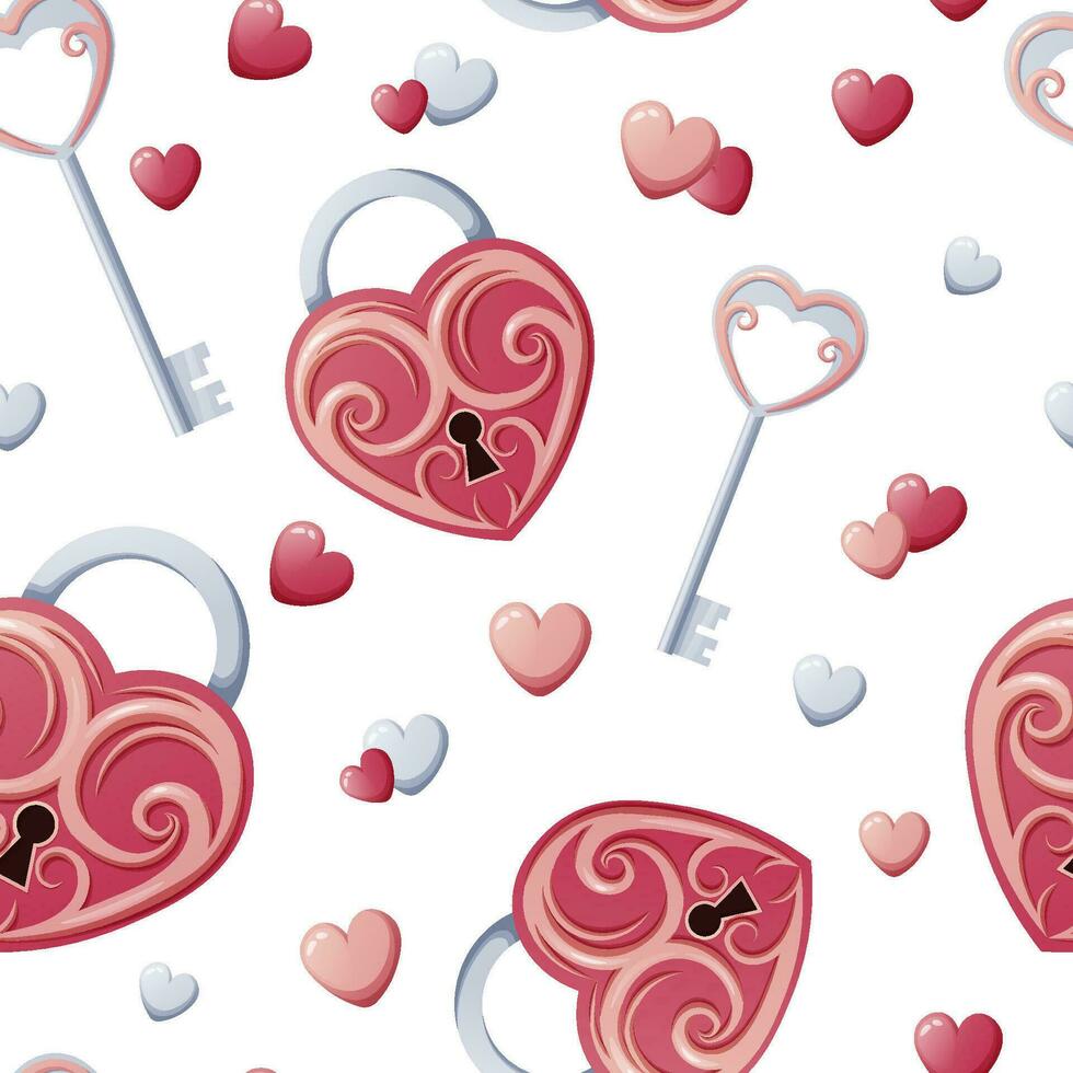 Seamless pattern with heart-shaped lock, key and hearts. Great for wrapping paper, fabric, wallpaper, textiles. Background for Valentine s Day. vector