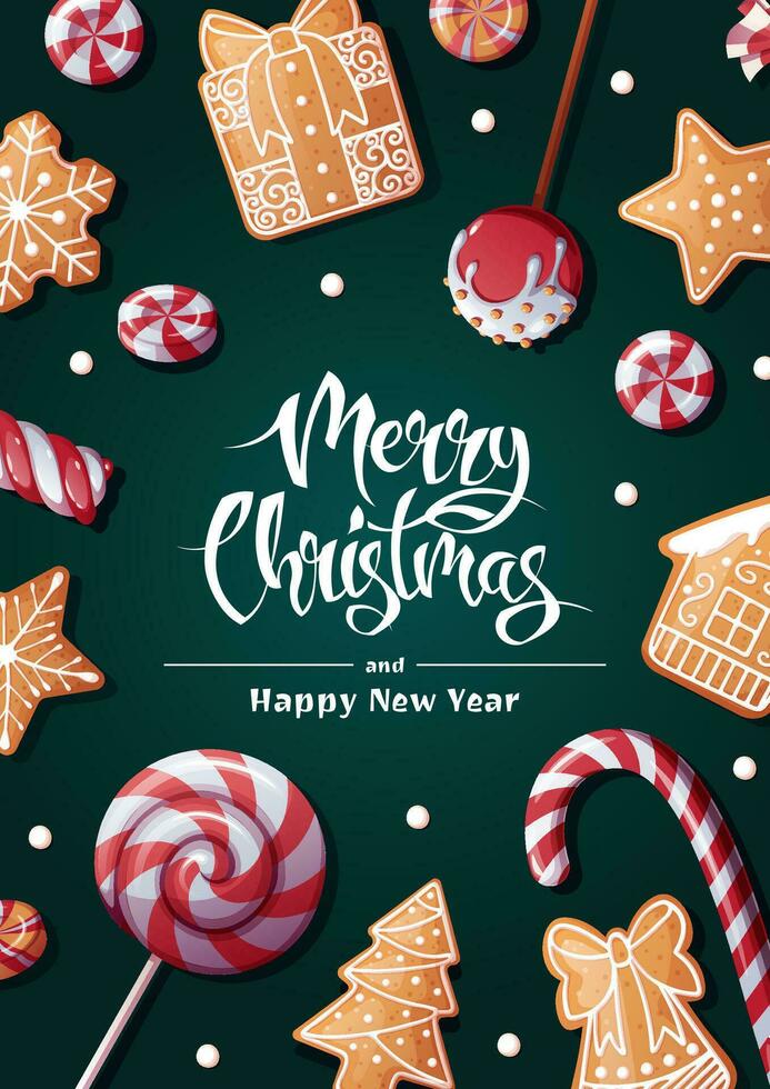 Merry Christmas Holiday card, flyer and invitation. Festive background with candy canes, candies, sweets and gingerbread cookies. Merry Christmas and New Year. vector