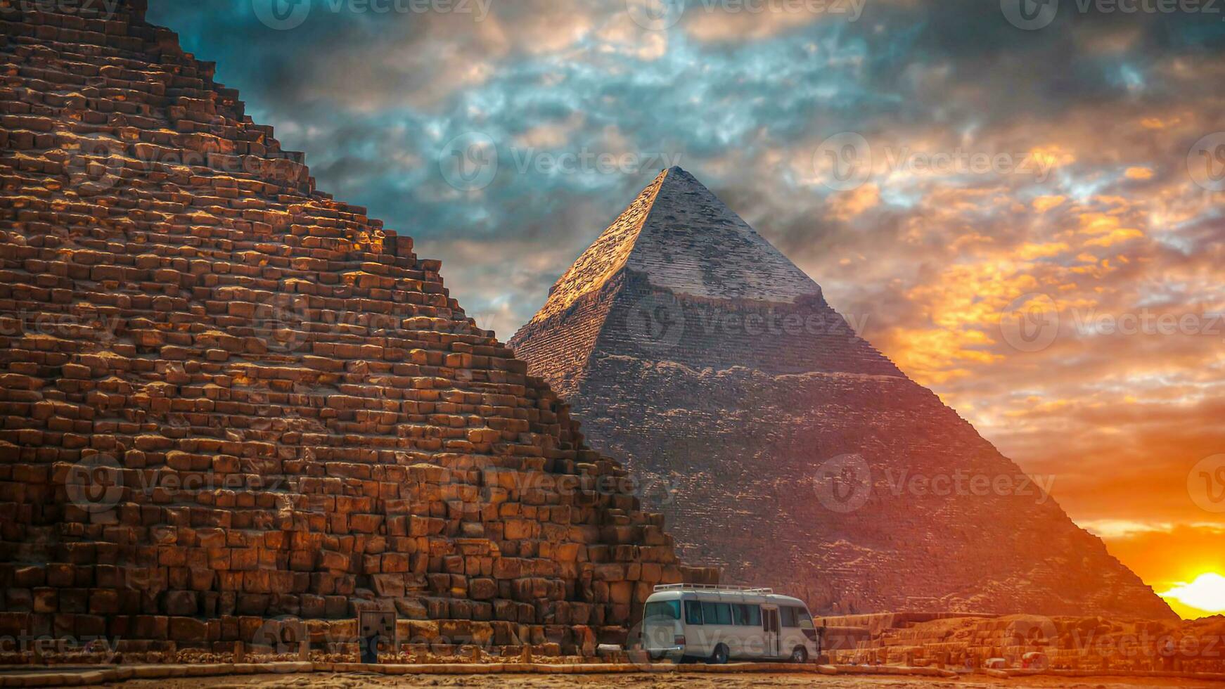 A beautiful picture of the pyramids in Giza, Egypt at sunset photo