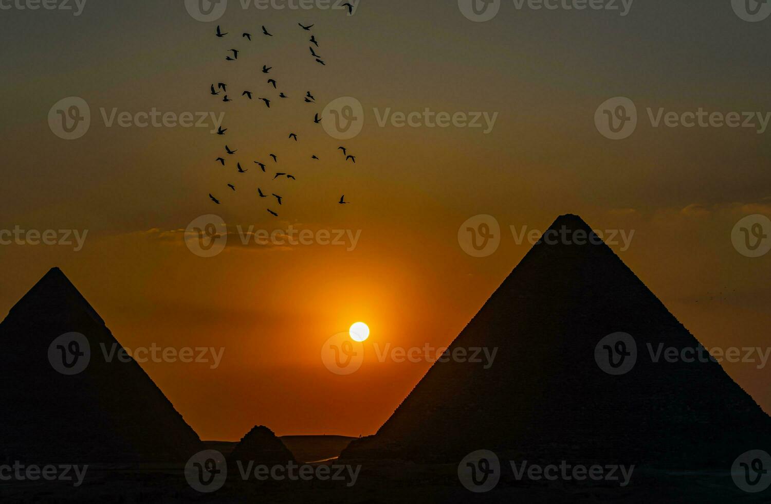 Beautiful picture of the Giza Pyramids in Egypt at sunset with birds in the sky photo