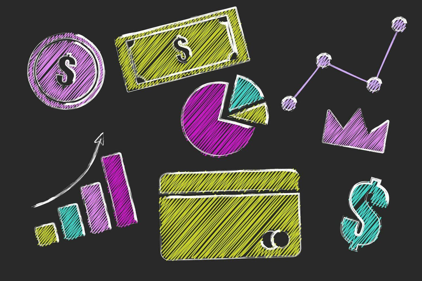 Escribiendo garabatear conjunto con dinero y finanzas, collage estilo infografía con neón colores vector