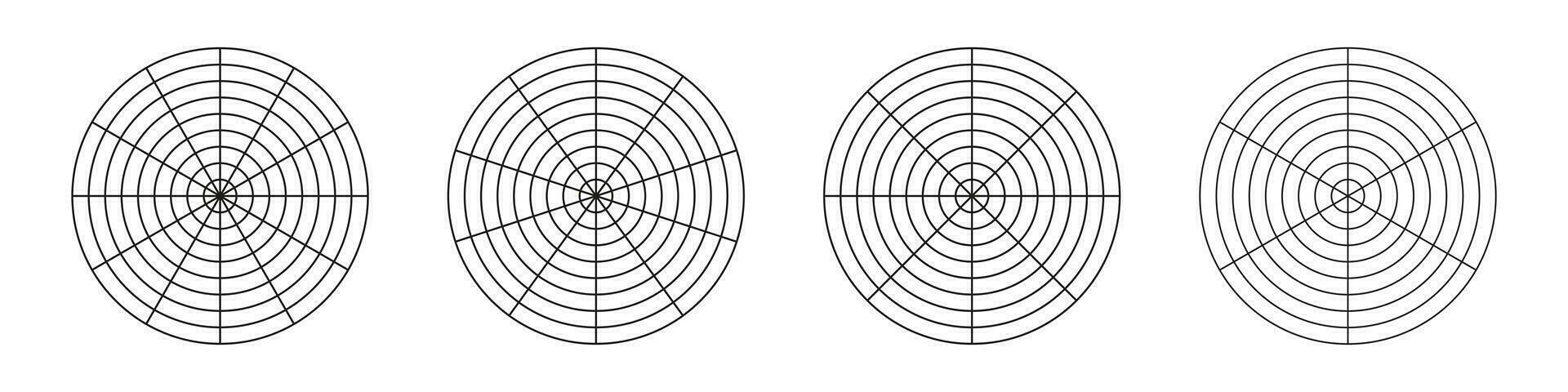 circulo diagramas de vida estilo balance. rueda de vida plantillas. entrenamiento herramienta para visualizante todas areas de vida. conjunto de polar cuadrícula con segmentos, concéntrico círculos blanco de polar grafico papel. vector