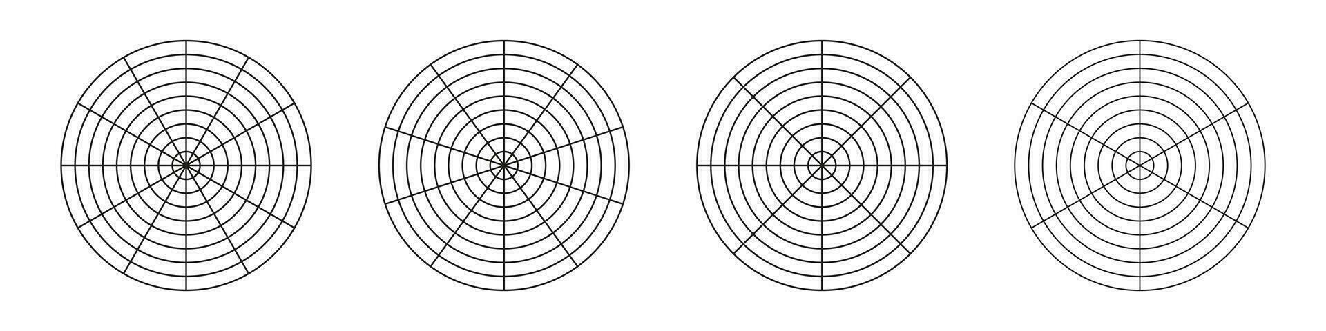 Circle diagrams of life style balance. Wheel of life templates. Coaching tool for visualizing all areas of life. Set of polar grid with segments, concentric circles. Blank of polar graph paper. Vector