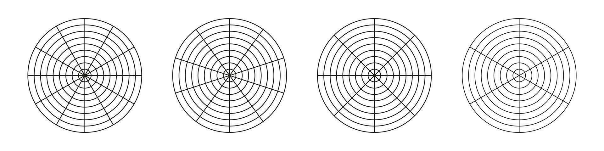 Circle diagrams of life style balance. Wheel of life templates. Coaching tool for visualizing all areas of life. Set of polar grid with segments, concentric circles. Blank of polar graph paper. Vector