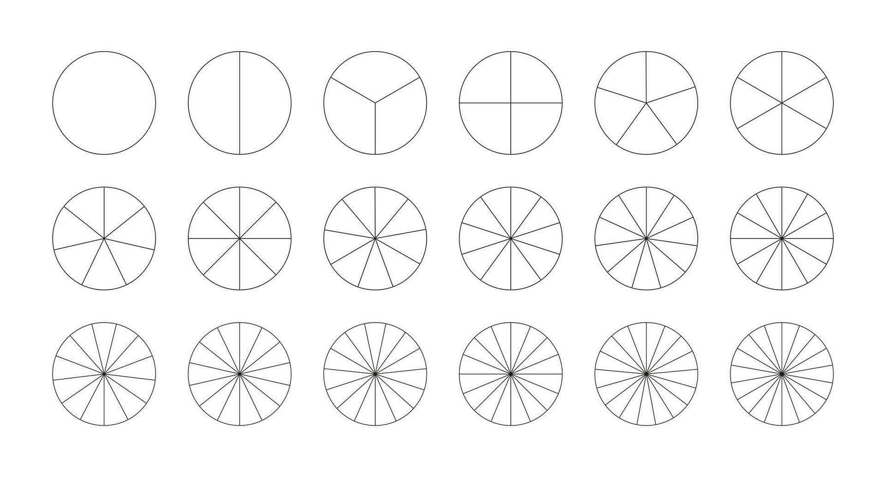 conjunto de segmentario cartas tarta gráfico modelo. diagrama rueda partes. muchos número de sectores dividir el circulo en igual partes. negro Delgado gráficos. colección de Pizza cartas icono. segmentos infografía. vector