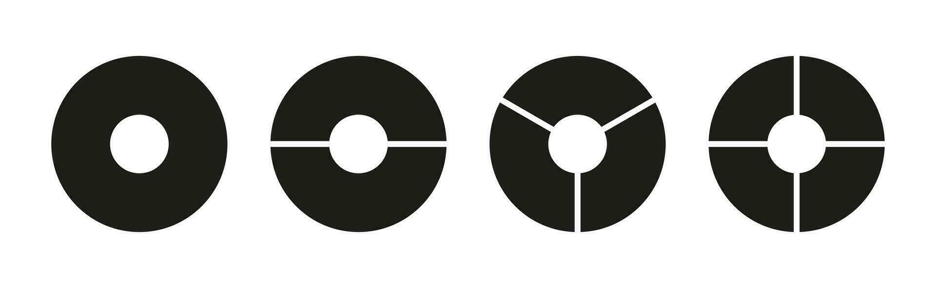 Circle division on 1, 2, 3, 4 equal parts. Wheel round divided diagrams with one, two, three, four segments. Set of infographic. Coaching blank. Vector illustration.