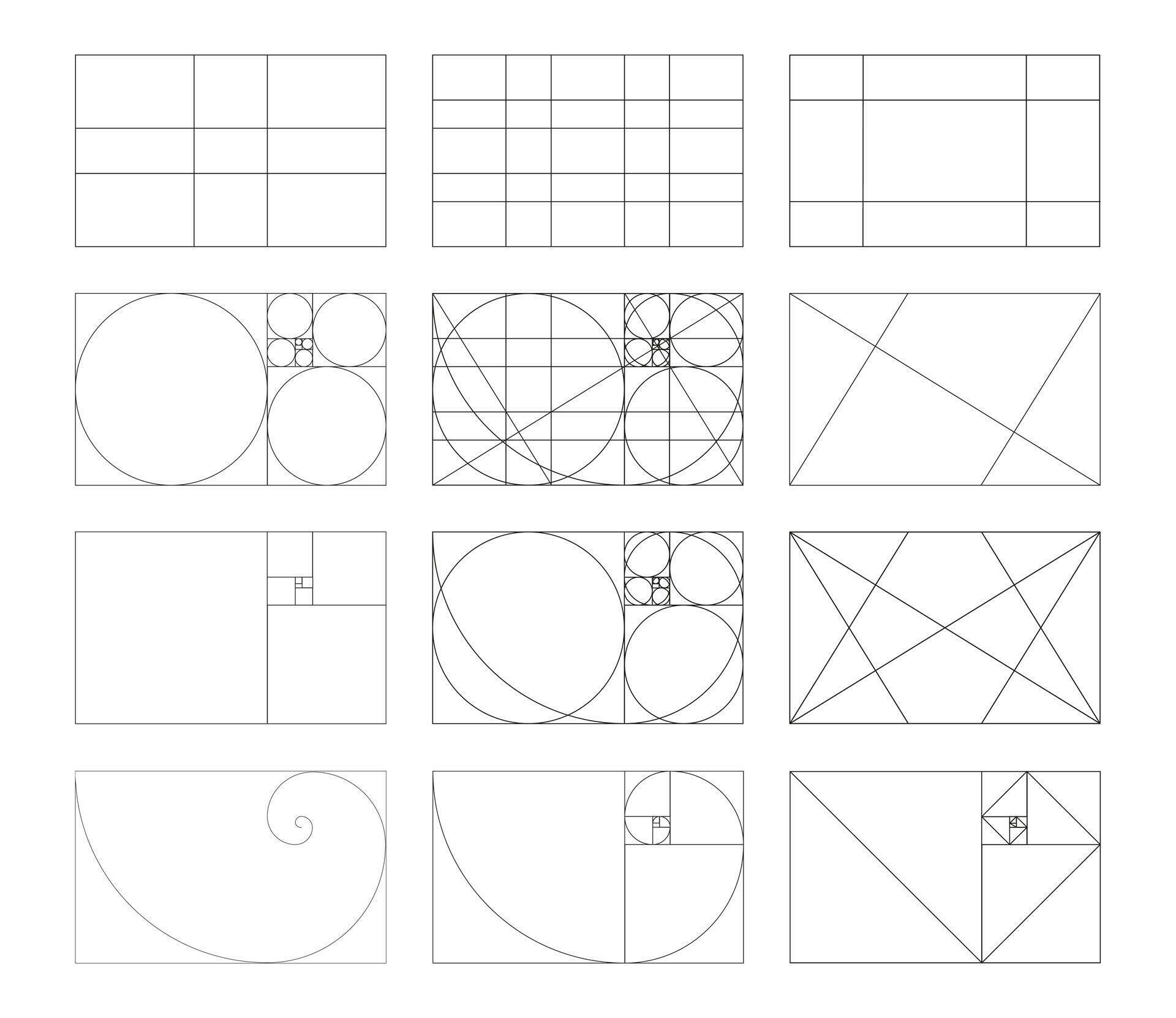 Golden ratio frames set. Method golden section template. Fibonacci Golden ratio frames set. Method golden section template. Fibonacci