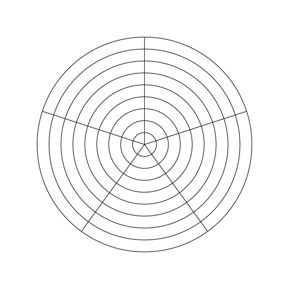Wheel of life template. Simple coaching tool icon for visualizing all areas of life. Polar grid of 5 segments and 8 concentric circles. Blank polar graph paper. Circle diagram. Life style balance. Eps vector