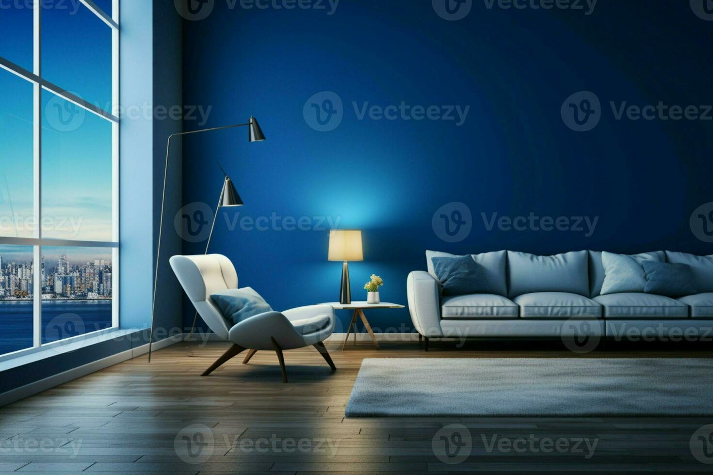 AI generated Apartments living room features a serene blue tone ambiance photo