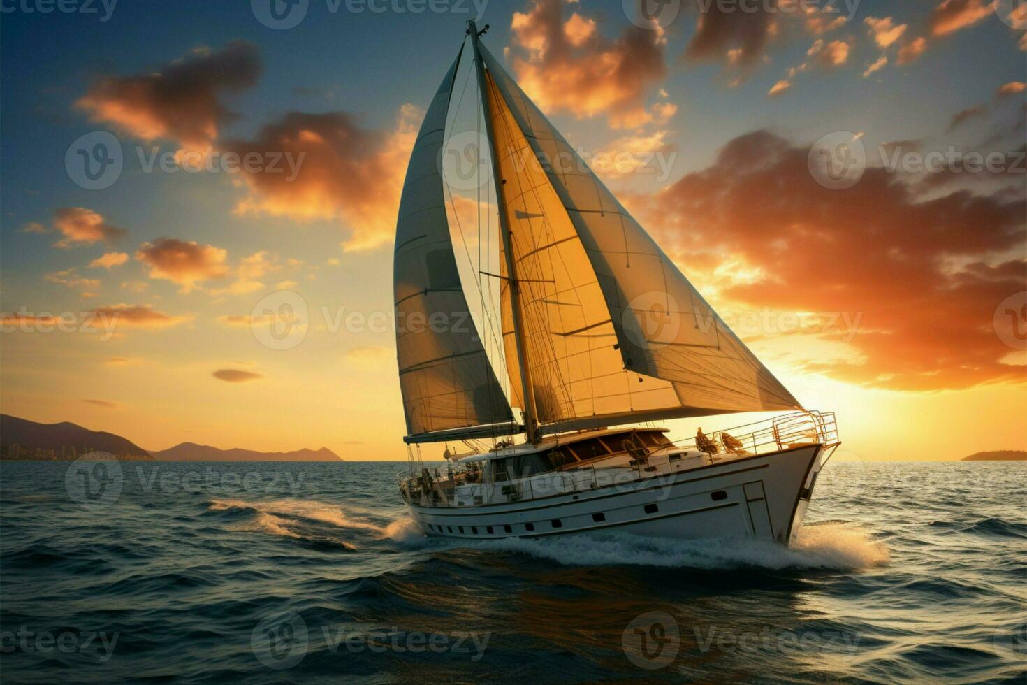 AI generated Elegance afloat a luxury yacht sails against a backdrop of breathtaking sunset photo