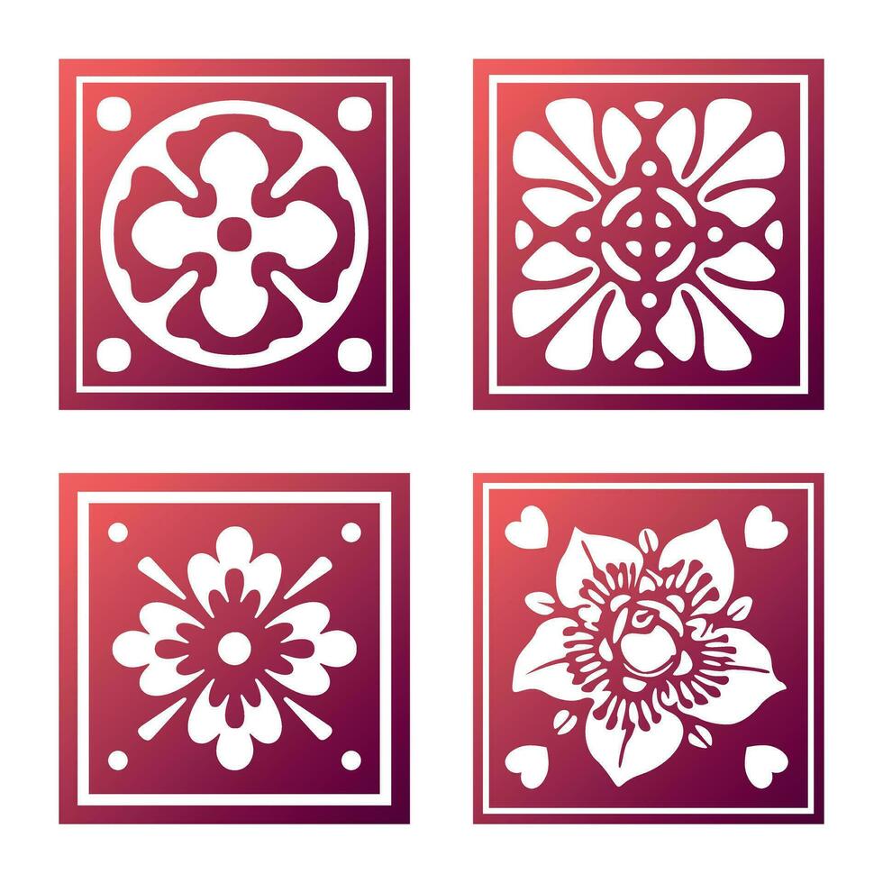 Abstract red tiles with blooming patterns inside vector