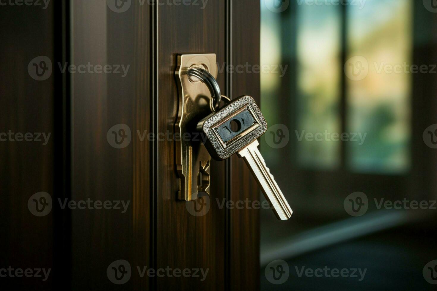 AI generated Keys on house doors represent new homes, real estate investments photo