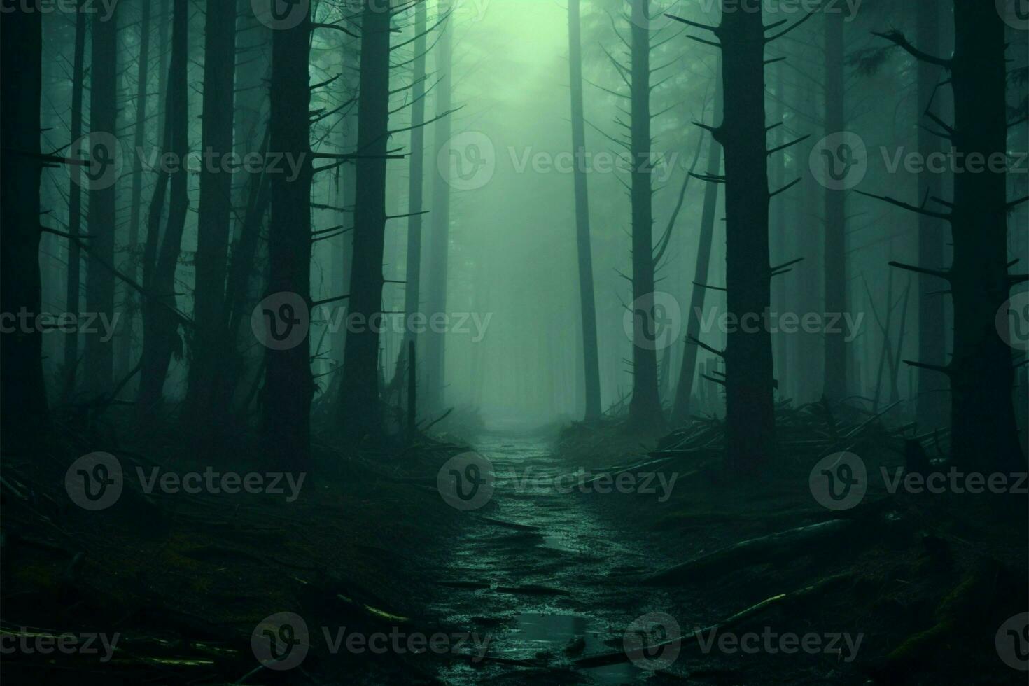 AI generated Haunting ambiance 3D rendering of misty forest with eerie concept photo