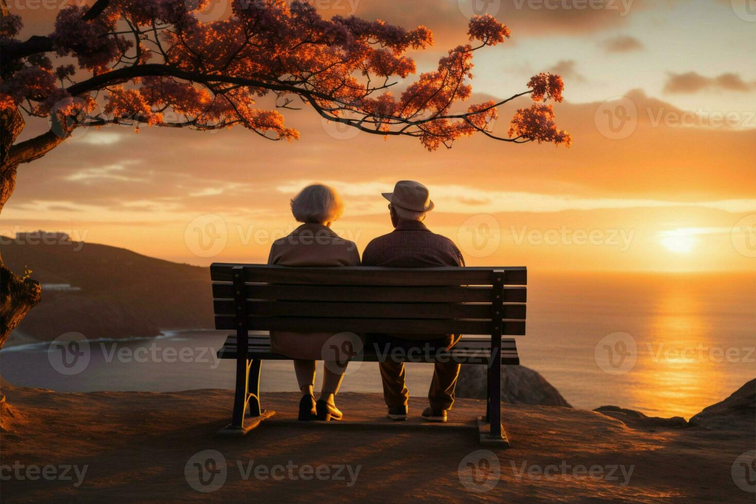 AI generated Enduring love a senior couple embraces the beauty of a sunset on a bench photo