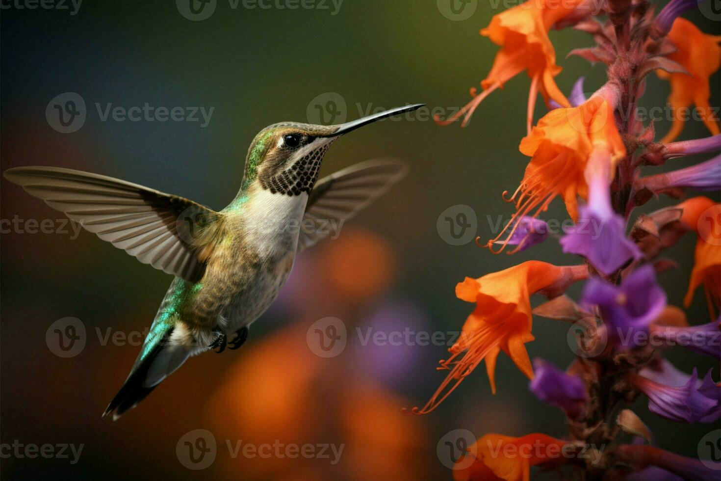 AI generated Vibrant elegance a hummingbird captured in a portrait with flowers photo