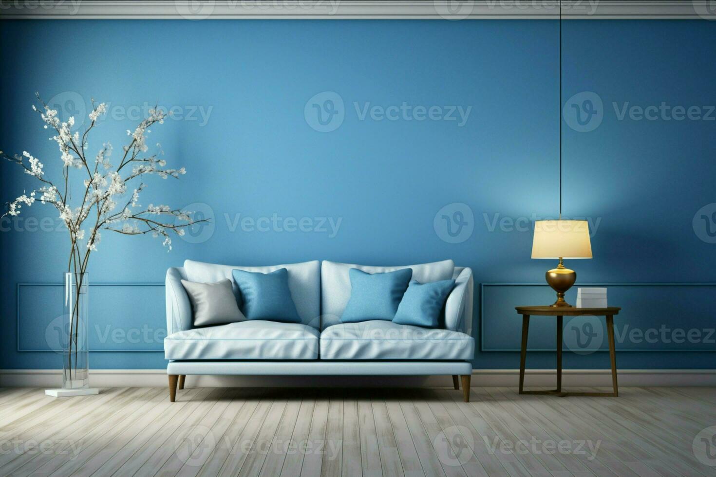 ai generado hogar interior vivo habitación diseñado con un calmante azul tono foto