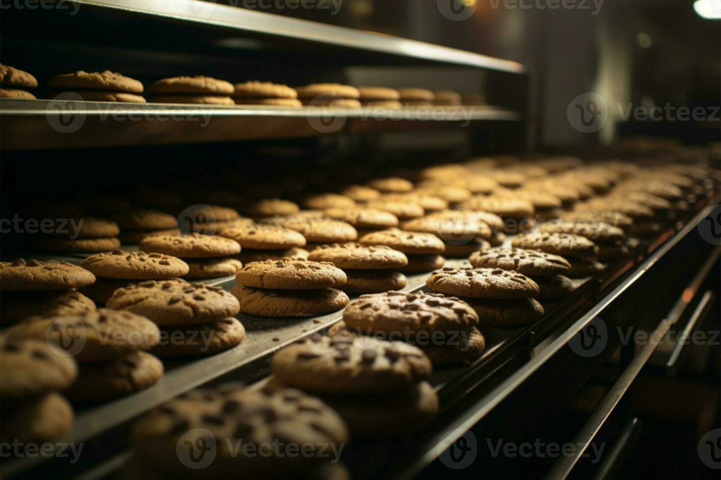 AI generated Chocolate cookie factory line crafts delicious treats with precision and mouthwatering efficiency photo