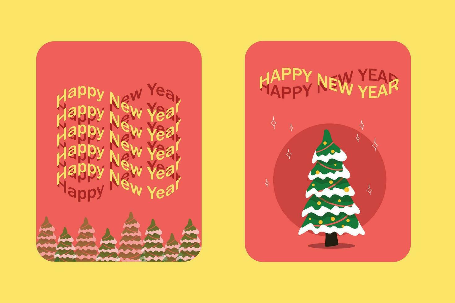 Set of Happy New Year cards with Christmas trees in retro style graphic lettering vector