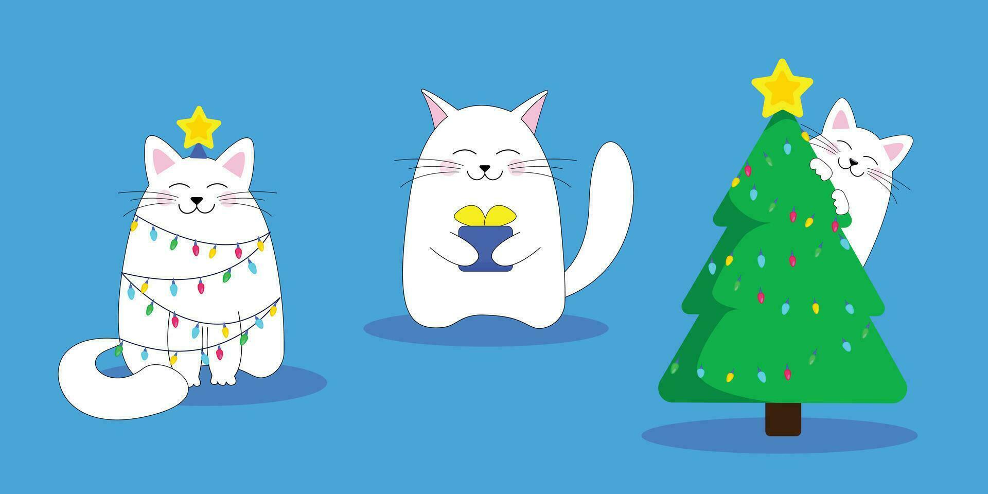 Set of cute Christmas cats. A cat on a Christmas tree, a cat in a garland, a cat with a gift. Vector illustration of cats. Merry Christmas drawing of cute kittens. Merry Christmas illustration.
