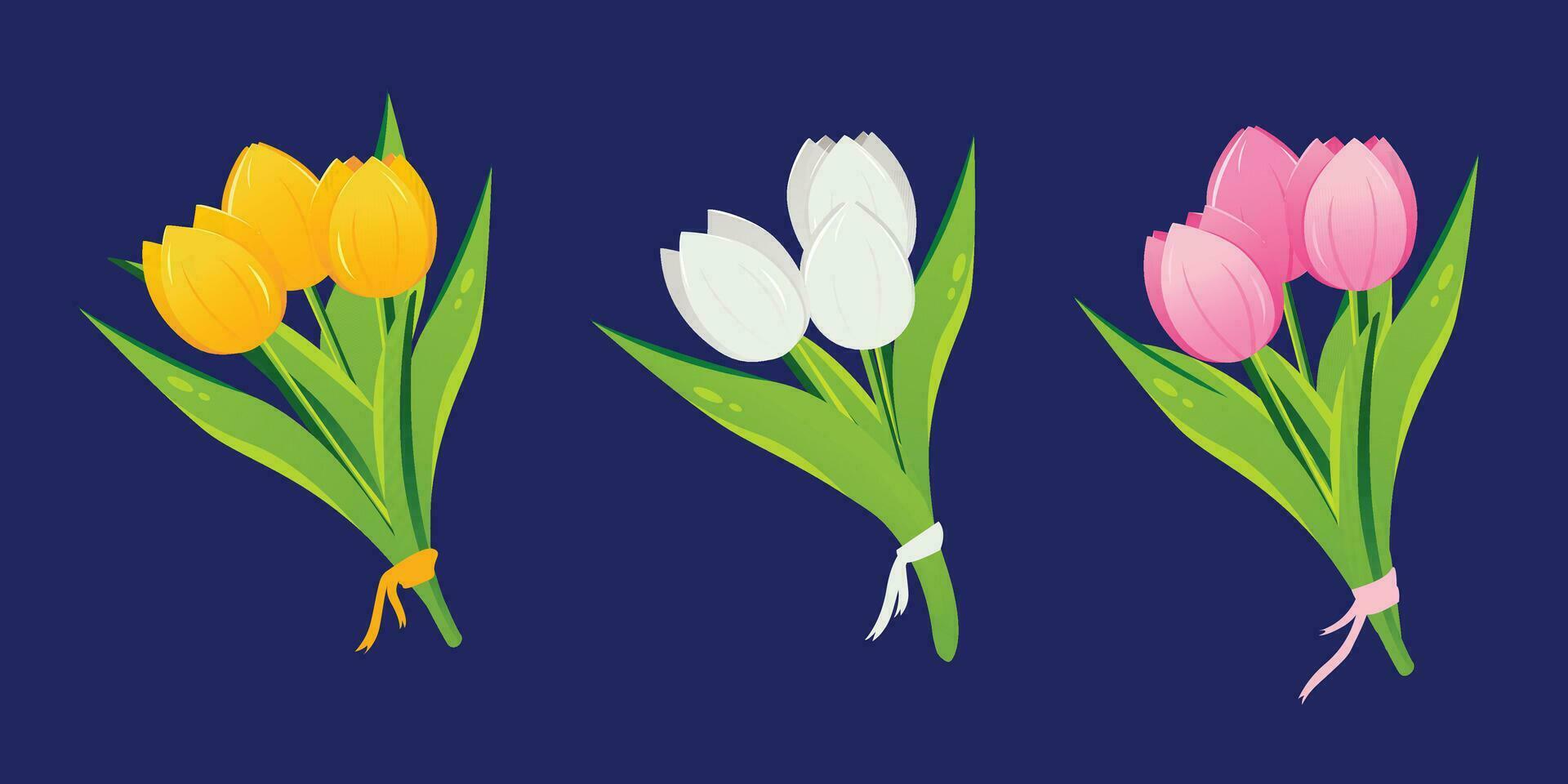Bouquets of tulips, in a flat vector style. Yellow tulip bouquet, white tulip bouquet, pink tulip bouquet. Women's day, mother's day