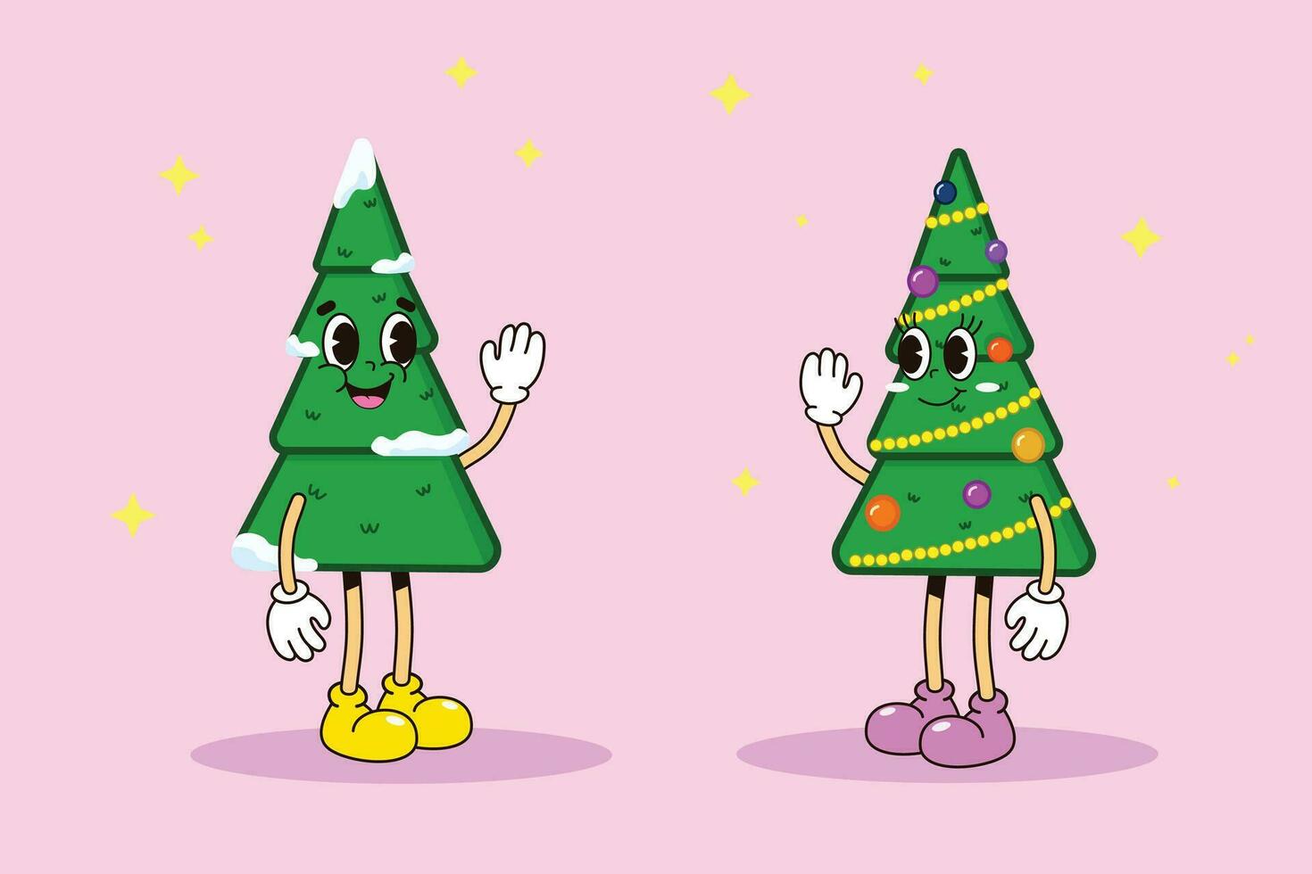 Two cute Christmas tree characters in style groovy retro illustration vector