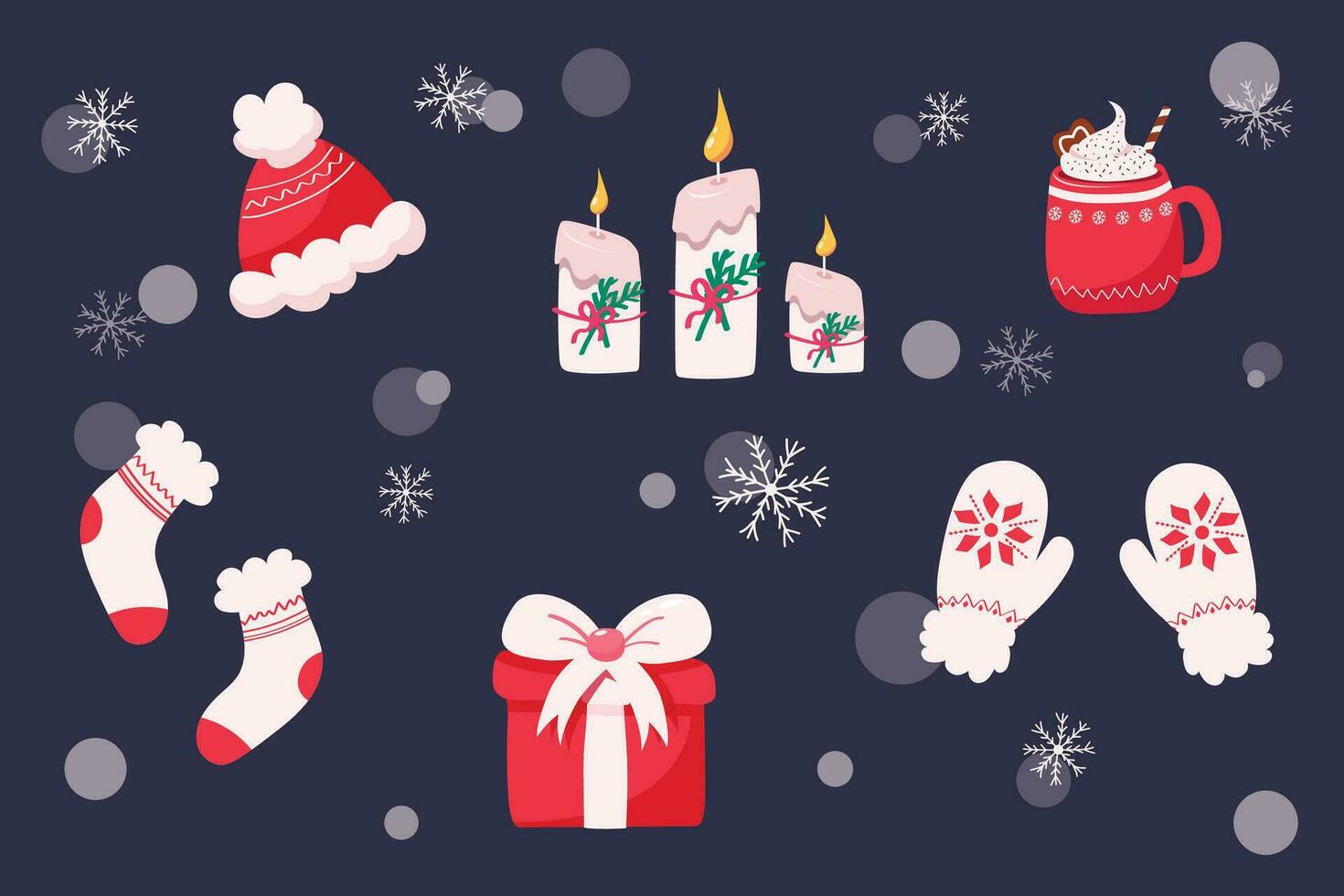 Vector set of winter elements in red color, winter clothes, candles, cup of cocoa with cream, gift box, snowflakes. Christmas, New Year, winter