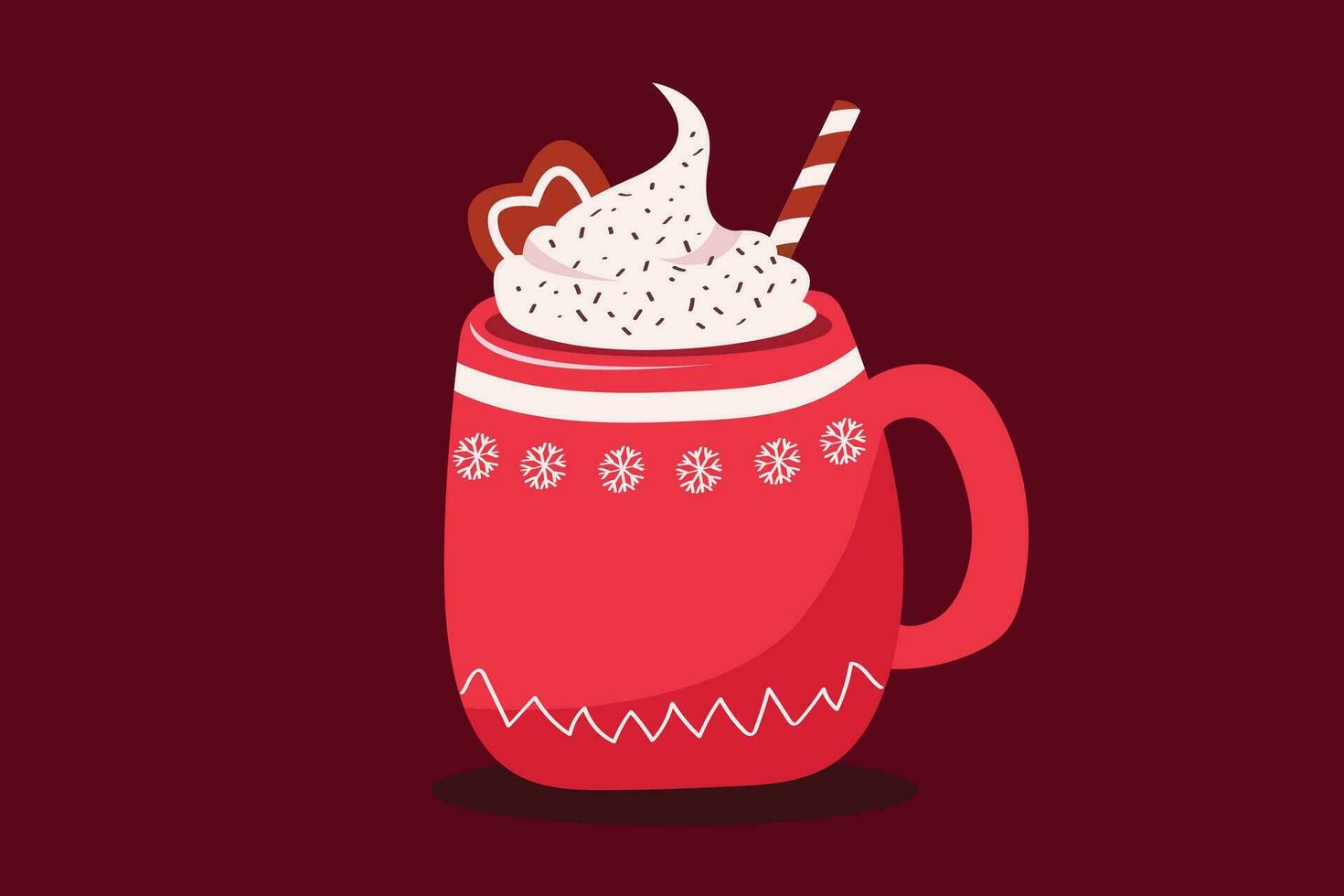 Vector flat winter Christmas illustration with red cup of hot cocoa and whipped cream