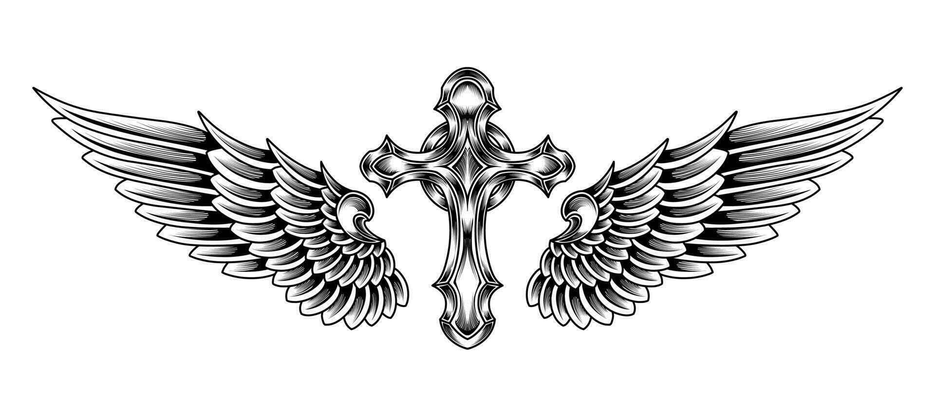 Vector cross of christ With angel wings tattoo